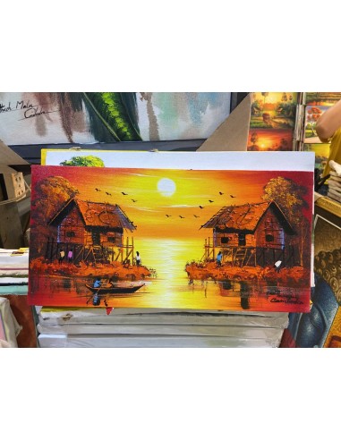 Tableau Deux maisons avec un coucher du soleil sur Tonlé Sap 40 x 20 cm (avec châssis) soldes