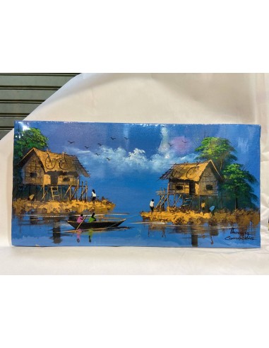 Tableau Deux maisons au matin sur Tonlé Sap 40 x 20 cm (avec châssis) la colonne vertébrale