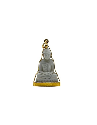 Grand Pendentif Bouddha en posture Dhyana Mudra style Ivoire et serti en argent doré pas cheres