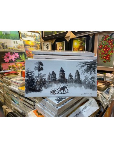 Tableau Balade famille Eléphant à Angkor Wat 40 x 20 cm Noir et blanc (avec châssis) Les magasins à Paris